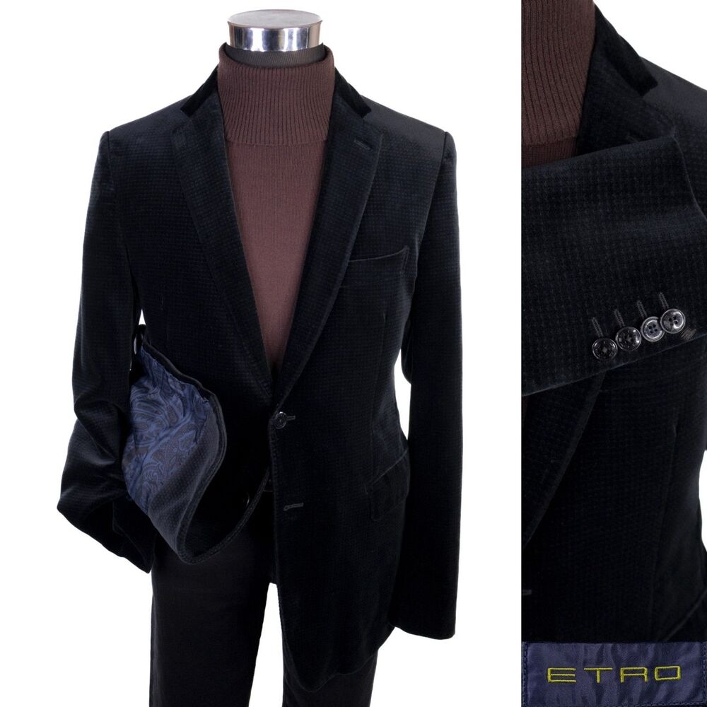 Etro Blazer Sport Coat Sz 42L Black Velvet Cotton Blend Two Button Jacket Italy